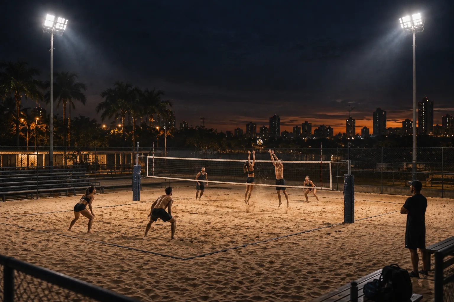 Quadra de areia iluminada à noite com atletas em jogo