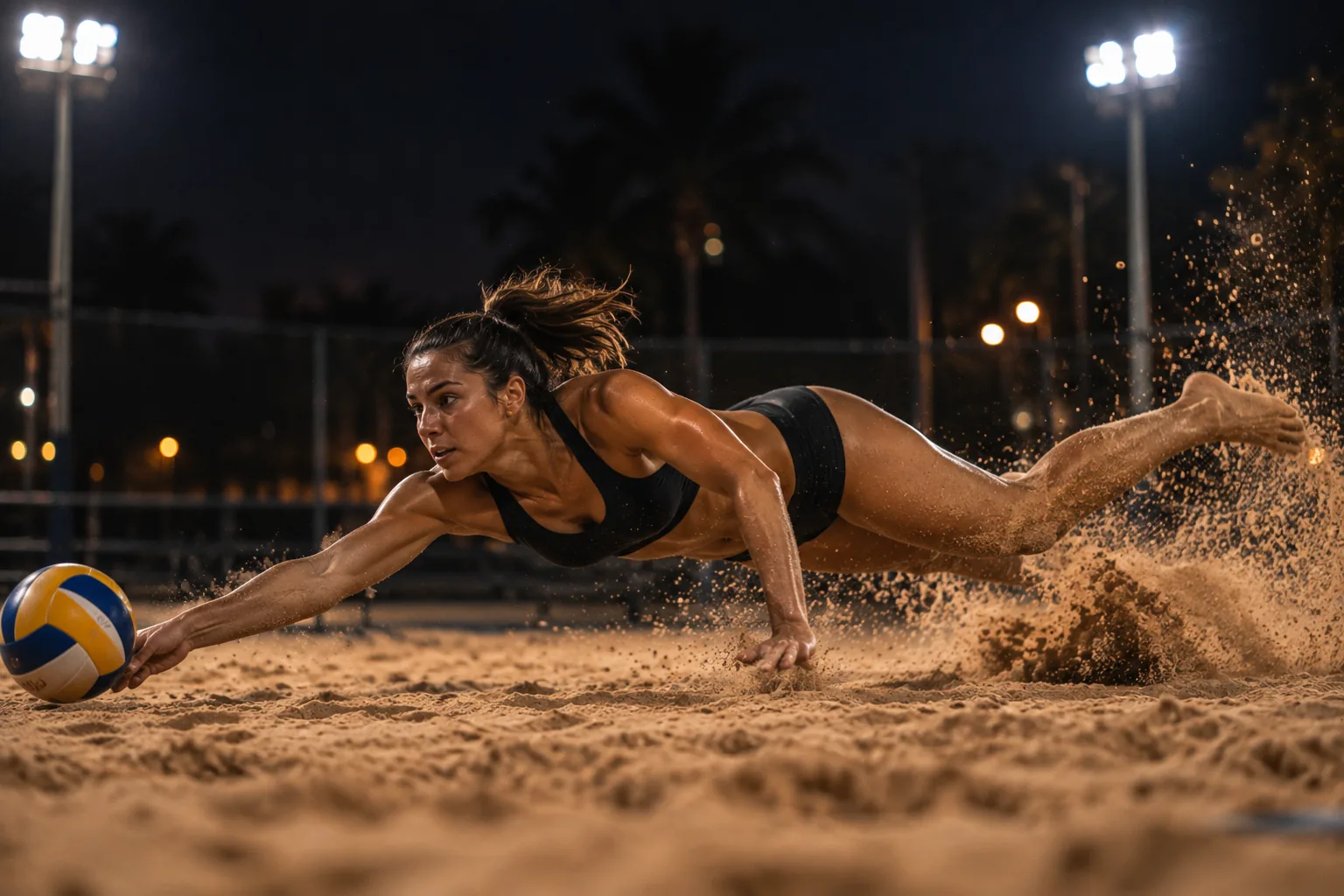 Atleta em mergulho de defesa, areia espirrando