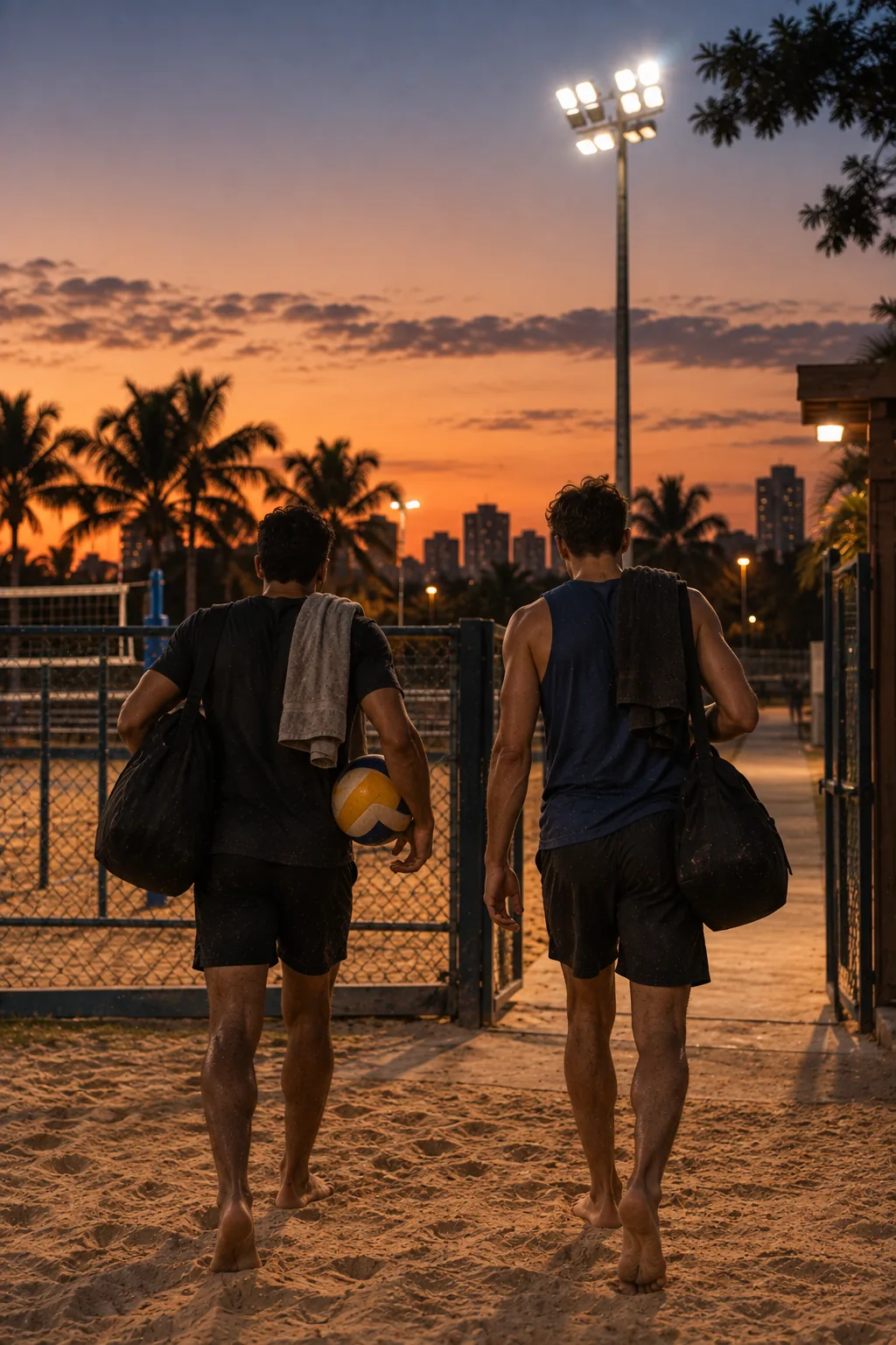 Dois amigos saindo da quadra com as mochilas ao entardecer