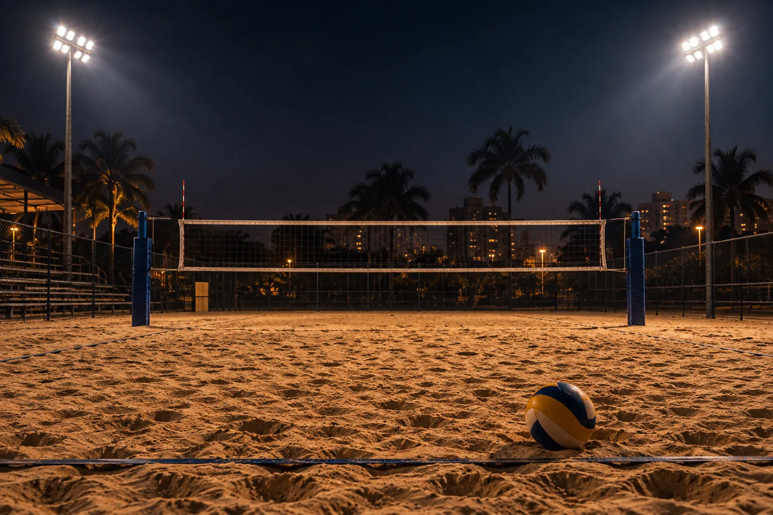 Quadra vazia iluminada à noite, rede ao centro, bola na linha de saque